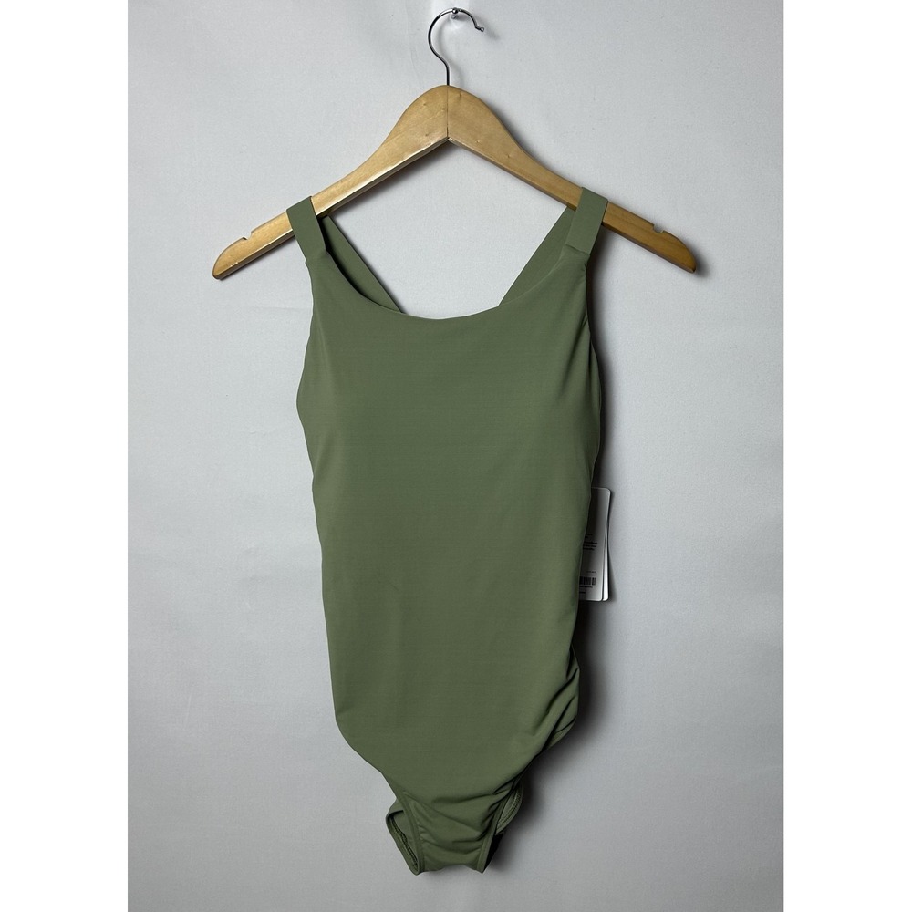 Athleta Palm Swimsuit Womens Petite Medium Green Strappy Back Sporty